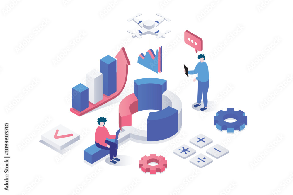 Leinwandbilder data analysis 3d isometric concept in geometry graphic design for web. people making financial resea