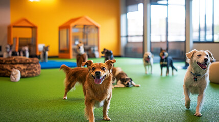 Happy dogs playing together in a colorful indoor dog daycare facility