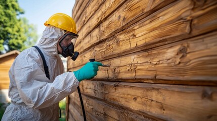 Man Spraying Termite. A worker in protective gear sprays a wooden wall, addressing potential pest issues while ensuring safety in a residential setting.