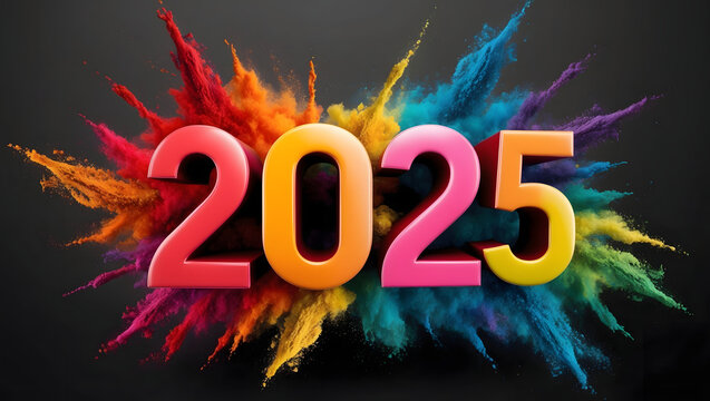 Powders of different colors exploding behind the 3D text of "2025"