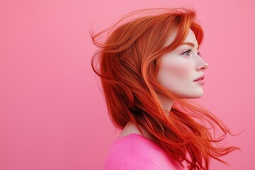 Fototapeta premium A woman with red hair and a pink shirt