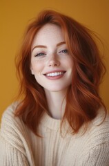Fototapeta premium A woman with red hair is smiling and wearing a white sweater