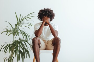 A man sits in a chair with his hands on his face