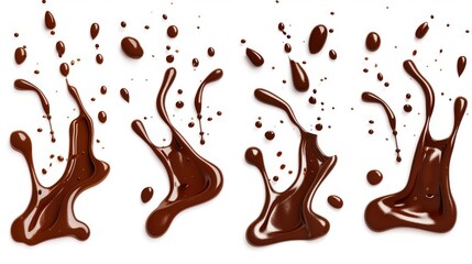 set of chocolate sauce syrup drop, splash, stain and swirl on a white background