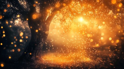 Obraz premium Mystical Magic Forest Illuminated by Bright Orange Light Amidst Dark Shadows, Enchanting and Ethereal Atmosphere of Fantasy.