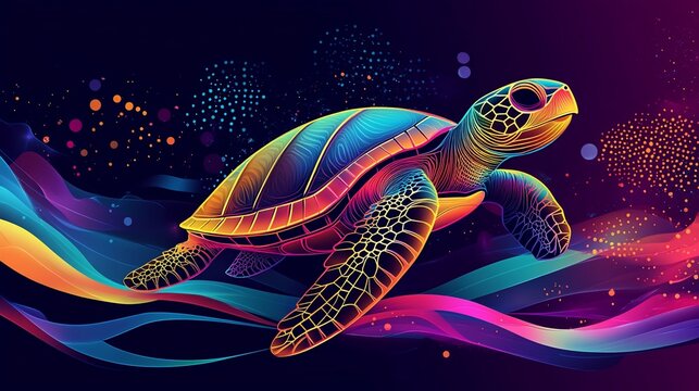 Vibrant rainbow sea turtle swimming in cosmic ocean waves.