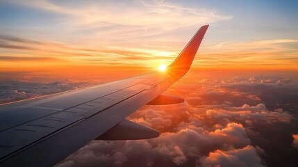 Obraz premium The wings of an airplane and the beautiful sunrise or sunset from a window seat evoke feelings of travel and freedom, which is another form of transportation.