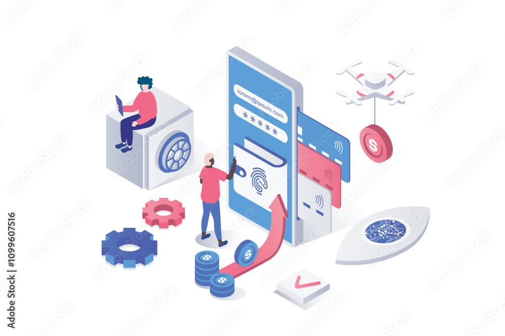 Aufkleber Mobile wallet app 3d isometric concept in geometry graphic design for web. People login with fingerprint scan to banking account with digital credit card, managing own finance. Vector illustration.