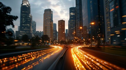 Fototapeta premium A dynamic cityscape at dusk, featuring illuminated skyscrapers and vibrant light trails from moving vehicles.