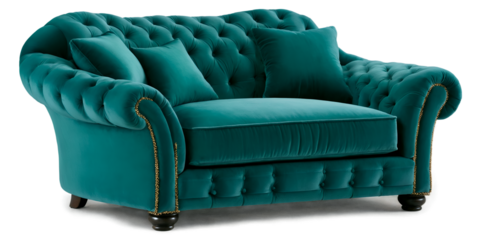 Elegant Teal Velvet Sofa on Black Background in Classic Design. transparent background