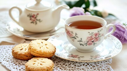 Fototapeta premium A charming tea set with a cup of tea, cookies, and delicate flowers, creating a cozy, inviting atmosphere for a delightful afternoon tea experience.