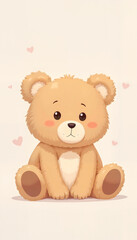 Fototapeta premium Cute Teddy Bear with Blush Cheeks Sitting Calmly, Surrounded by Hearts, on Light Beige Background with Copy Space