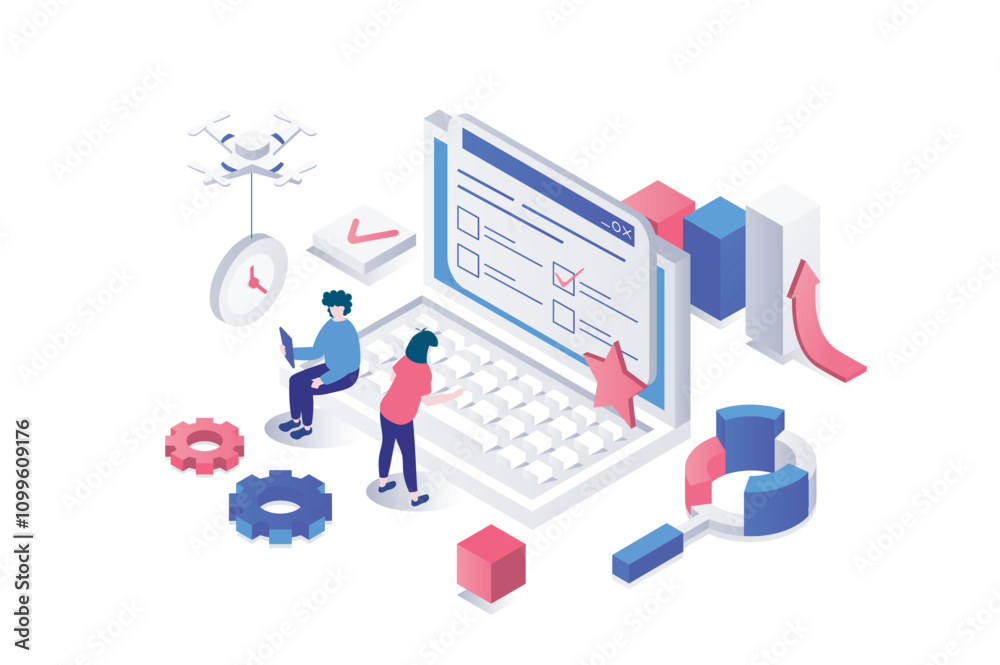 Poster Online survey 3d isometric concept in geometry graphic design for web. People filling internet questionnaire list and ticking answers in checklist, evaluate in feedback form. Vector illustration.