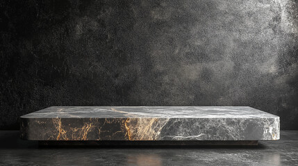 3D product table in an empty studio against a black wall. Podium for presentation. Concrete dark surface marble luxury counter top mockup showcase illustration. © Pickoloh