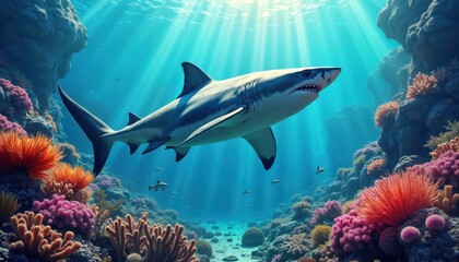Fototapeta premium Great white shark swims in vibrant coral reef underwater landscape. Sunlight streams through water illuminating colorful coral, marine life. Shark predator hunting in colorful coral reef environment.
