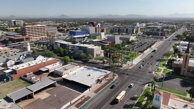 Aerial view of downtown mesa with modern buildings and mesa arts center, mesa, united states.