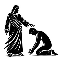 Black vector silhouette of Jesus extending His hand to bless a kneeling or bowed person - Christian vector design concept of blessing, mercy, and healing