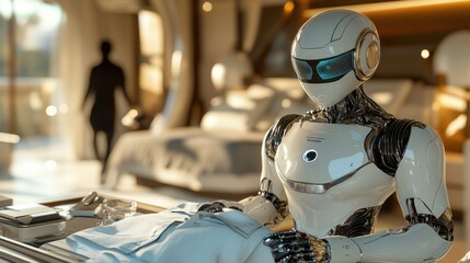 Fototapeta premium Humanoid robot ironing shirt in modern bedroom setting