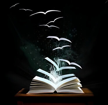 Magical open book with flying birds and ethereal light effects in a mystical black background
