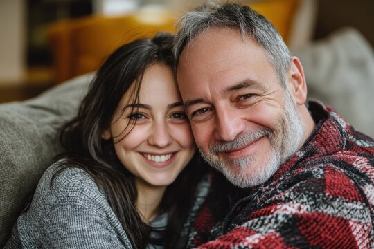 Older Father and Grownup Daughter Embracing in Heartfelt Portrait on Cozy Couch