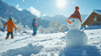 Obraz premium Sunlit winter landscape with partially built snowman and mountains