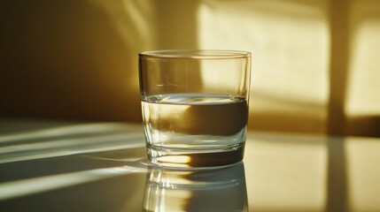 Glass of water in sunlight on table