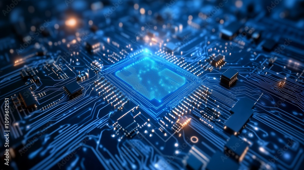 Poster the image showcases a high-resolution close-up of a computer microprocessor nestled within a complex
