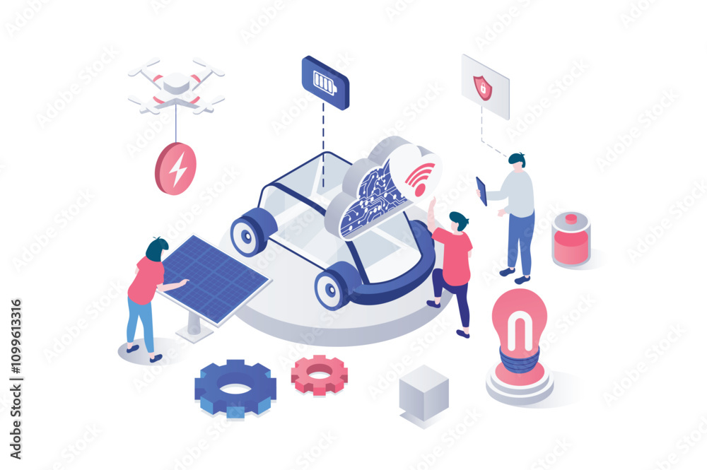 Aufkleber Smart car 3d isometric concept in geometry graphic design for web. People using electric auto with alternative green battery charging, wireless sensors and automatic control. Vector illustration.