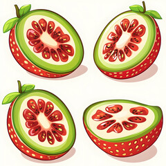 Naklejka premium Four stylized strawberry slices, showing cross-sections, in different angles.