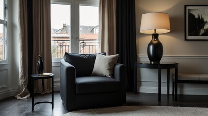 A chic, modern living room featuring a cozy black armchair, stylish lamp, and elegant decor, enhanced by natural light filtering through large windows.