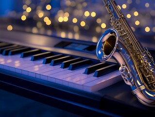 Minimalist concert design with sleek piano keys and a stylish saxophone under soft lighting ,