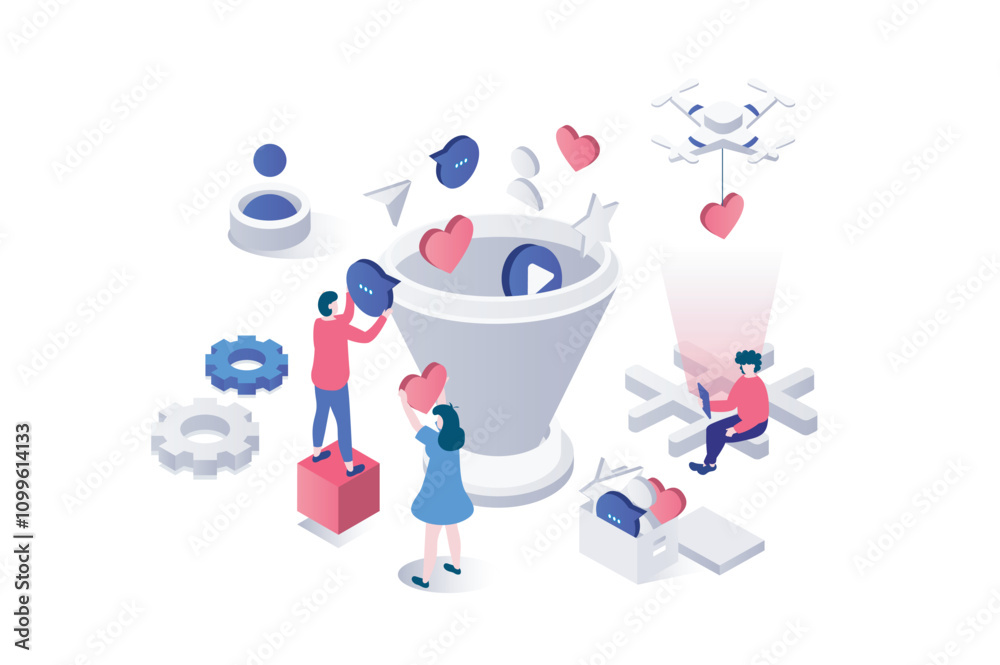 Poster social media funnel 3d isometric concept in geometry graphic design for web. people using marketing 