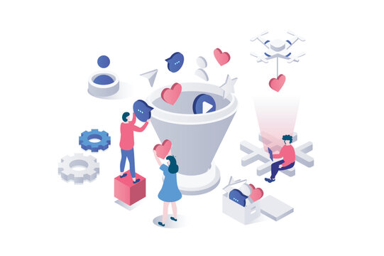 Social media funnel 3d isometric concept in geometry graphic design for web. People using marketing tool for driving online traffic and attracting new customers, increased sales. Vector illustration.
