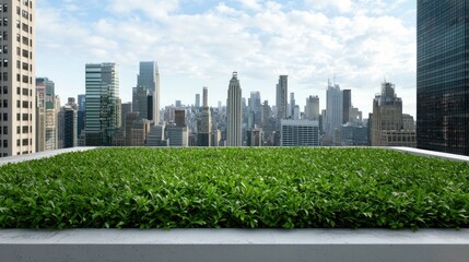 Fototapeta premium A rooftop garden with lush greenery overlooks a modern city skyline under a bright, partly cloudy sky.