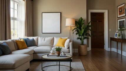 Fototapeta premium A stylish living room featuring a plush sectional sofa with colorful pillows, a coffee table, a tall plant, and soft lighting that creates a welcoming ambiance.