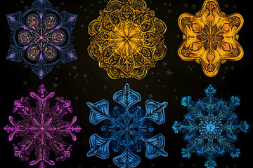 Six stylized snowflakes with intricate patterns in vibrant colors on a dark background.