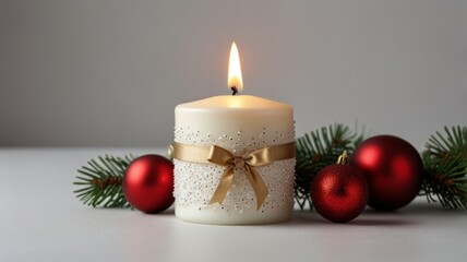 A beautiful white candle adorned with a golden ribbon and sparkly decorations, surrounded by festive red ornaments and evergreen branches, creating a warm holiday ambiance.