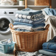 A wicker basket filled with neatly folded clothes placed on a wooden surface. Concept organizing order, general cleaning. AI generated.
