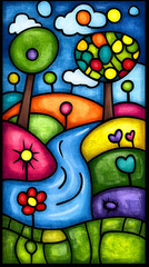 Obraz premium Vibrant landscape with stylized trees, hills, flowers, and a flowing river.