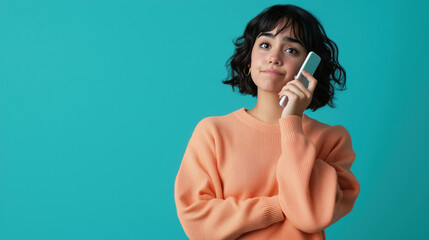 A young woman with a short black hairstyle holding a smartphone to her ear while dressed in a casual peach sweater, standing against a solid teal background, with copy space.