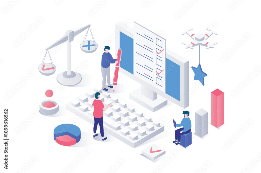 Aufkleber online survey 3d isometric concept in geometry graphic design for web. people answering in digital q