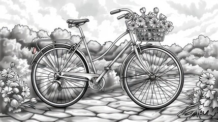 Obraz premium Vintage bicycle with flower basket on cobblestone path.
