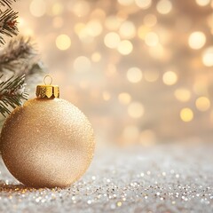 A close-up of a golden Christmas ornament hanging on a tree, surrounded by twinkling fairy lights and soft bokeh in the background. Empty space on the right for product placement.