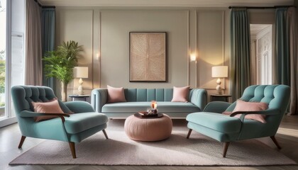 Fototapeta premium Boucle lounge chairs and sofa in classic room. Minimalist interior design of modern living room.