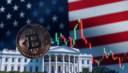 washington white house with American flag and bitcoin digital trading platform, economic growth, stock market chart, United States finance and economy. investment trends global challenge.