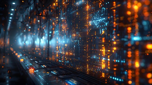 Futuristic server room with glowing data streams.