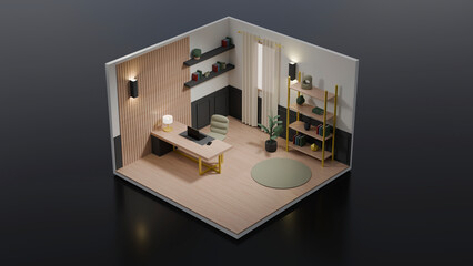 Office isometric view, interior architecture, 3d rendering digital art