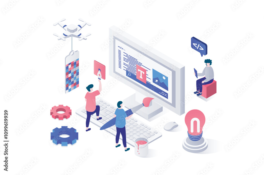 Poster Web design 3d isometric concept in geometry graphic design. People creating webpage wireframe template, filling page with content, engineering and coding interface at screen. Vector illustration.