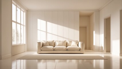 Modern living room interior with contemporary furniture, soft lighting, and minimalist design