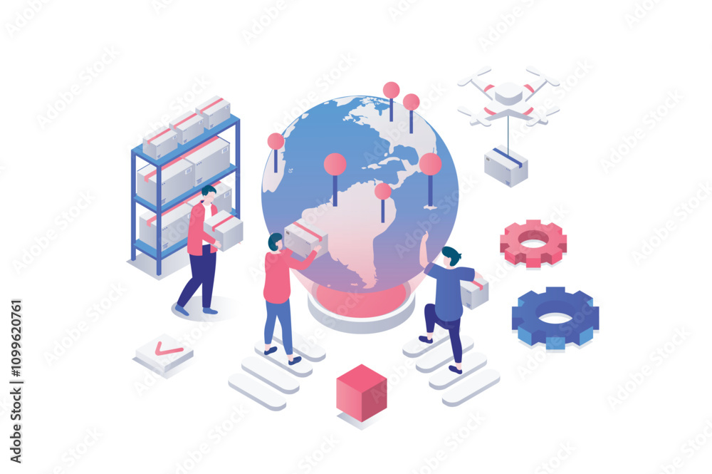 Poster Worldwide delivery 3d isometric concept in geometry graphic design for web. People work in global logistic company, shipping packages, making export and import transportation. Vector illustration.